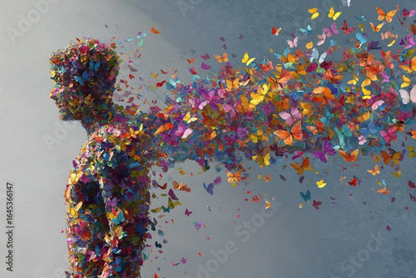 Fototapeta Vibrant surreal digital painting of a human figure dissolving into colorful butterflies, symbolizing transformation, freedom, and mental healing, bright dreamlike colors for mind growth, positivity