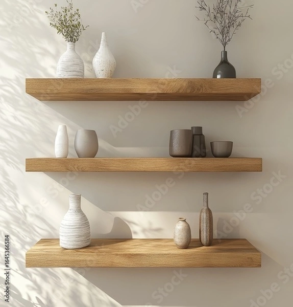 Fototapeta Wooden wall floating shelves displaying home decorative pieces, designed for storage and organization in a modern living room. 3D rendering, Generative AI