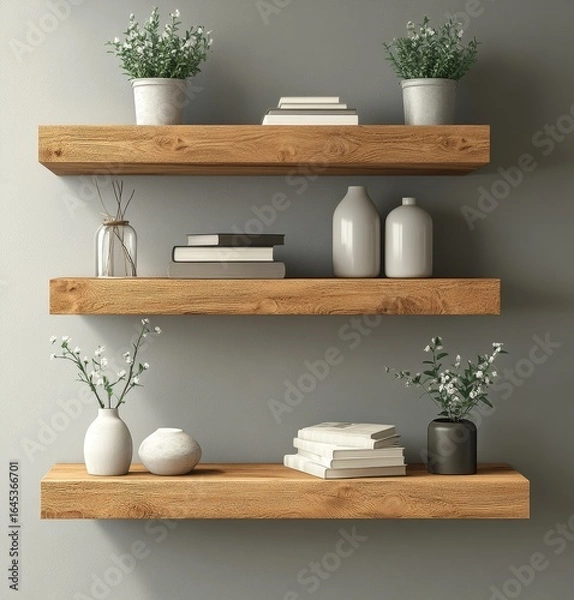 Fototapeta Wooden wall floating shelves displaying home decorative pieces, designed for storage and organization in a modern living room. 3D rendering, Generative AI