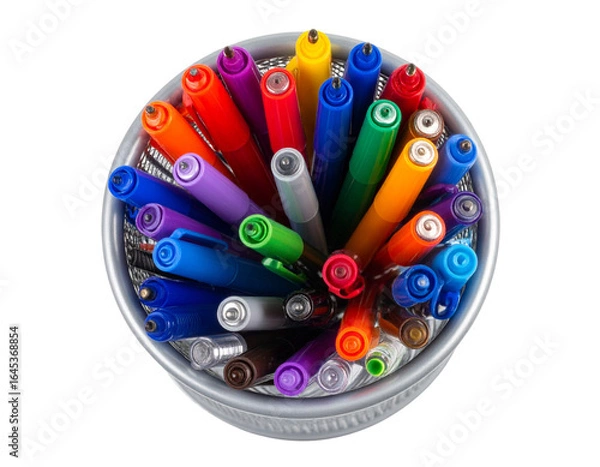 Obraz Floating Pen Holder with Assorted Colored Pens, Angled Top-Down View, Isolated