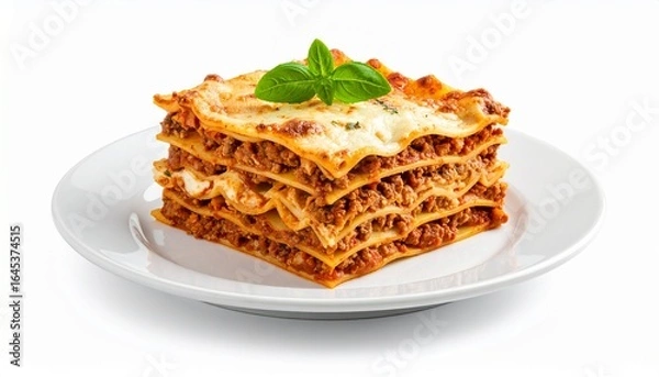 Fototapeta A delicious portion of classic Italian lasagna with bolognese sauce and bechamel, served on a white plate and garnished with fresh basil, isolated on a white background.
