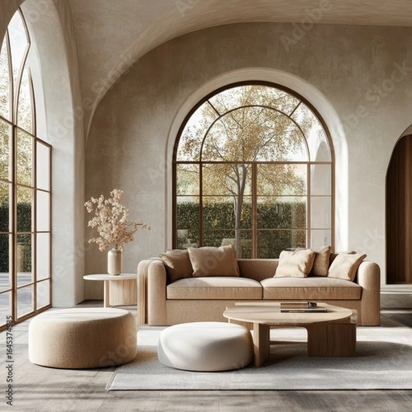 Fototapeta Beige sofa and pouf placed near a round coffee table against arched windows, showcasing mid-century style interior design for a modern living room. 3D rendering, Generative AI