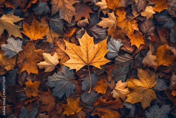 Fototapeta Vibrant autumn leaves blanket the forest floor, creating a seasonal still-life scene perfect for warm fall photography and cozy nature-themed visual design projects.

