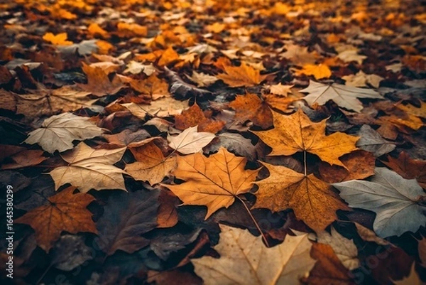 Obraz Autumn leaves in shades of gold, orange, and brown covering the ground, perfect for seasonal still-life photography and nature-inspired fall design backgrounds.


