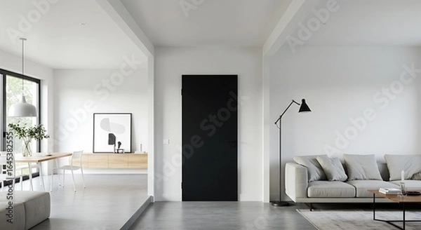 Fototapeta Monochromatic Harmony: A Bold Black Door Anchors a Serene, Modern Interior
