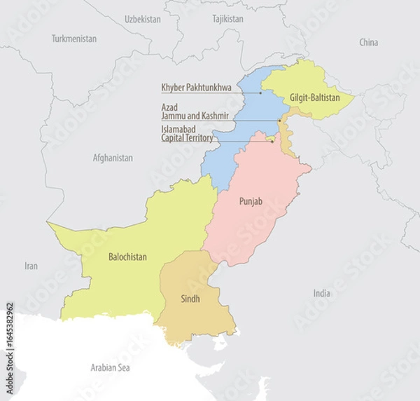 Fototapeta Detailed map of Pakistan with administrative divisions and borders of neighboring countries, vector illustration on white background