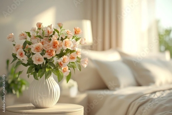 Fototapeta Flower vase on a nightstand near a beige bed, showcasing Art Deco-style interior design for a modern bedroom. 3D rendering, Generative AI
