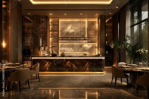 Fototapeta Modern minimalist interior design of a luxury kitchen, with a dining table and chairs. 3D rendering, Generative AI