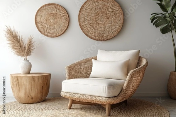 Fototapeta Armchair and wooden side table near a white wall with round accent wall decor, contributing to modern living room interior design. 3D rendering, Generative AI