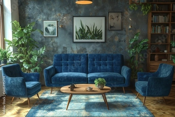 Fototapeta Dark blue fabric sofa and chairs arranged in a mid-century modern living room. 3D rendering, Generative AI
