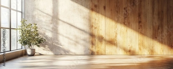 Fototapeta Loft-style interior design for a modern living room in a villa, featuring wooden paneling and concrete walls. 3D rendering, Generative AI