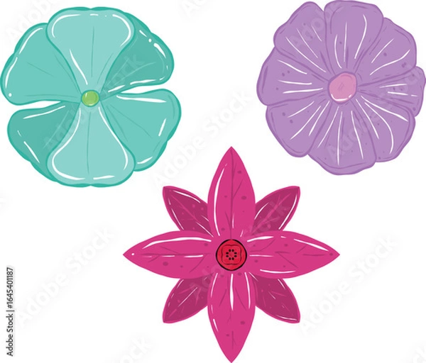 Fototapeta Colorful flower set featuring three distinct floral designs vibrant shades. flowers include turquoise bloom, purple flower, and bright pink star shaped flower, creating cheerful and lively