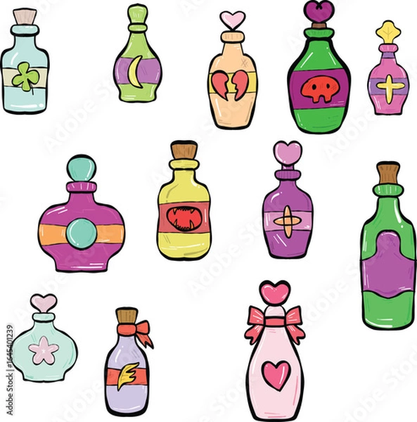 Fototapeta Colorful magic potion bottles set features various whimsical designs, each with unique shapes and vibrant colors, evoking sense of enchantment and creativity