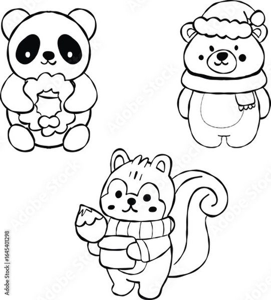 Fototapeta Cute winter animals set features adorable characters including panda holding treat, bear in festive hat, and squirrel with snack. These charming illustrations evoke warmth and joy