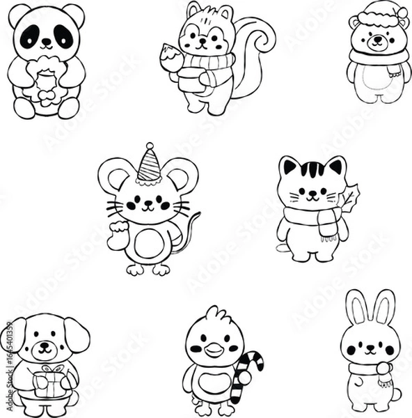 Fototapeta Cute winter animals set features adorable characters like panda squirrel bear mouse cat dog bird and rabbit all dressed in winter attire spreading joy and warmth