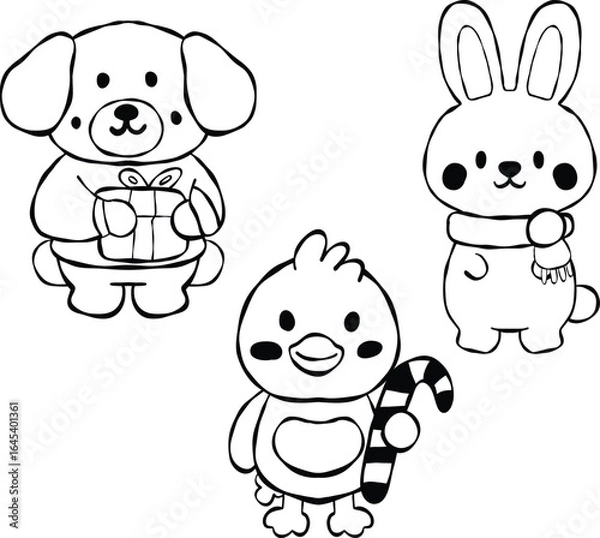 Fototapeta Cute winter animals set features dog with gift, bird holding candy cane, and rabbit wearing scarf, all designed in playful and cheerful style, perfect for holiday themes