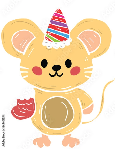 Fototapeta Cute mouse character wearing festive hat and holding stocking, perfect for holiday celebrations. This adorable illustration captures joy of season with its cheerful expression and playful design