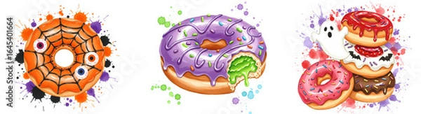 Fototapeta Three sets of decorated donuts with festive designs for a holiday themed celebration treat display on transparent background