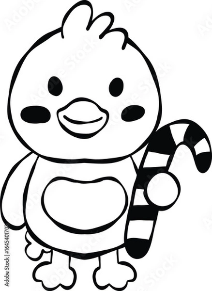 Fototapeta Cute baby bird holding candy cane, showcasing playful and festive spirit. character features round body, small wings, and cheerful expression, perfect for holiday themes