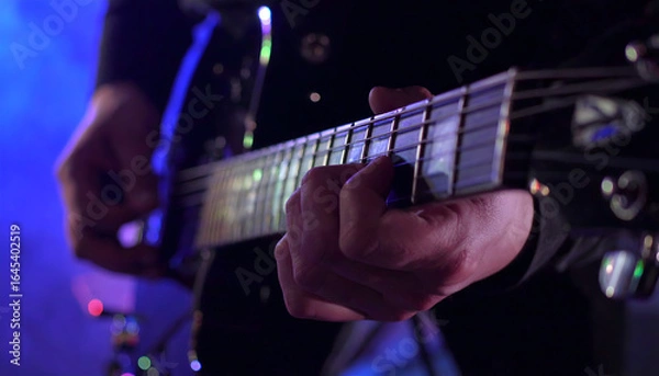 Obraz Close-Up of Guitar Strings and Finger on Fretboard with Colorful Bokeh