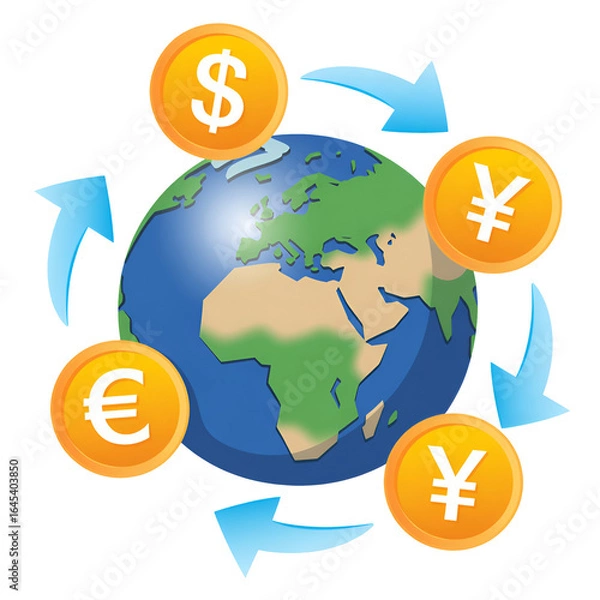 Fototapeta Globe with currency symbols representing global economy and international trade  
