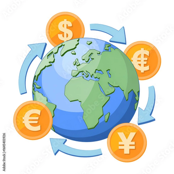 Fototapeta Earth surrounded by currency symbols representing global finance and money exchange  
