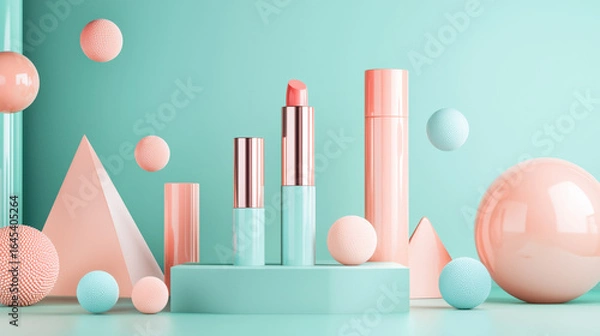 Fototapeta A horizontal cosmetic mockup, centered on a pastel turquoise surface. 