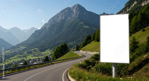 Fototapeta A blank vertical billboard mockup on a winding road through a scenic green mountain valley.