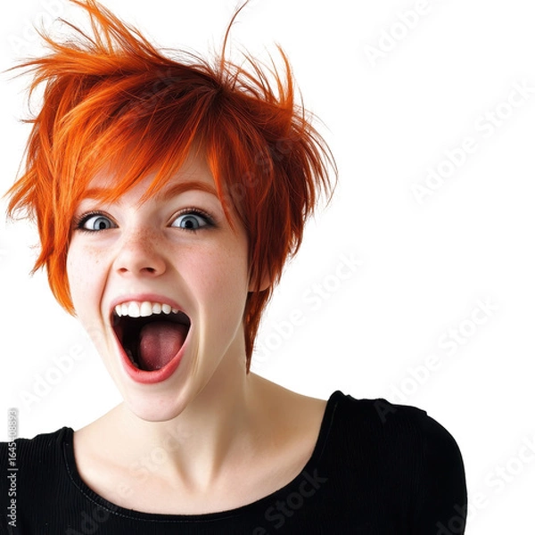 Fototapeta Redhead girl with short hair shouts excitedly black background, isolated on a transparent background
