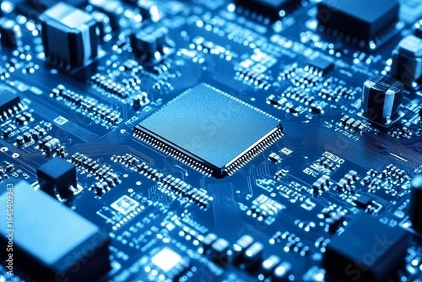 Fototapeta Close-up of a blue circuit board with a central chip