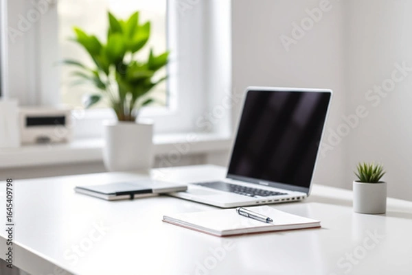 Obraz Minimalist home office desk with laptop, notebook, pen  — AI generated