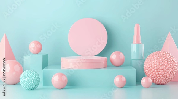 Fototapeta A horizontal cosmetic mockup, centered on a pastel turquoise surface. 
