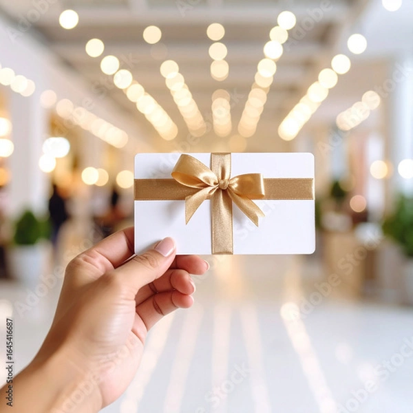 Obraz リボンが付いたギフトカードを持つ手
