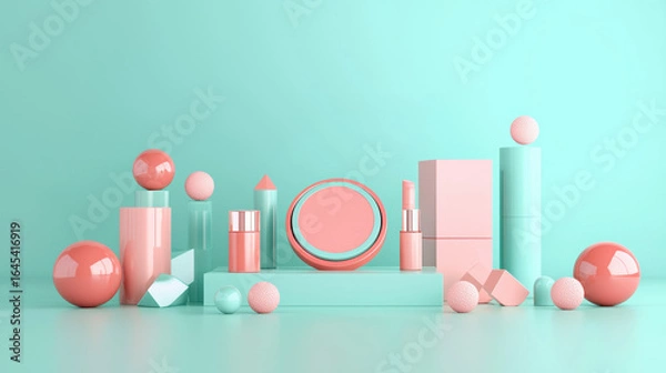 Fototapeta A horizontal cosmetic mockup, centered on a pastel turquoise surface. 
