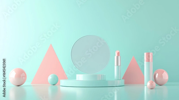 Fototapeta A horizontal cosmetic mockup, centered on a pastel turquoise surface. 