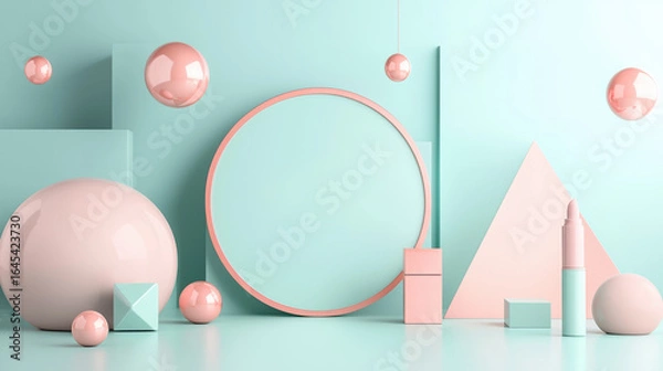 Fototapeta A horizontal cosmetic mockup, centered on a pastel turquoise surface.