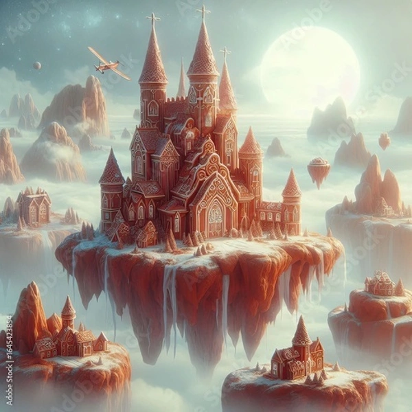 Fototapeta A gingerbread castle in an ethereal land of floating islands