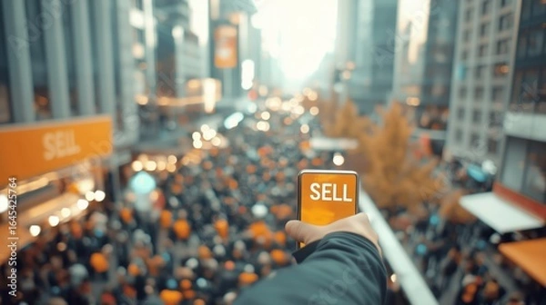 Fototapeta Person Holding Smartphone with Sell Text Overlooking Crowded Urban Street During Daytime