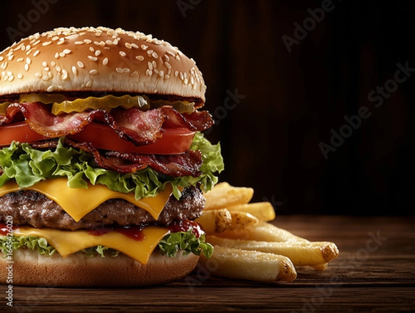 Fototapeta Juicy Gourmet Burger with Bacon, Cheese, Lettuce, Tomato and Crispy French Fries on Rustic Wooden Table Background