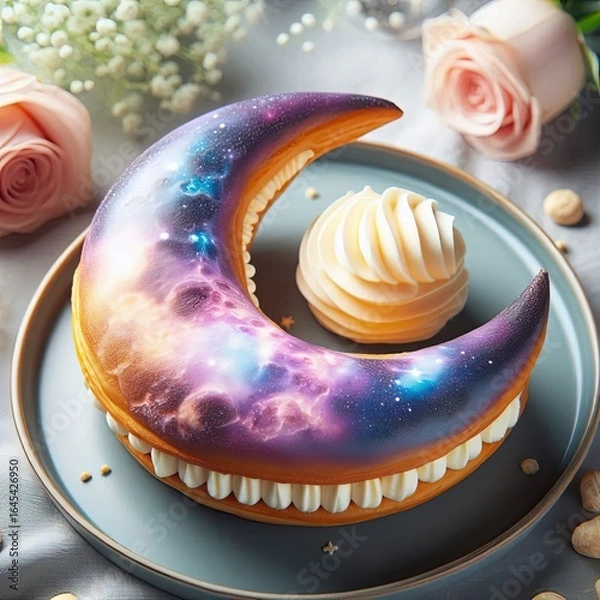 Fototapeta A moon-shaped éclair with a creamy galaxy-like filling