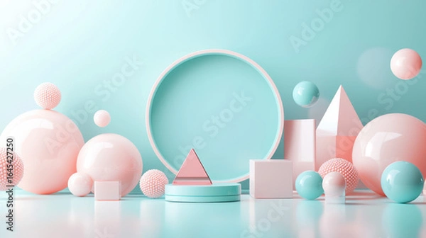 Fototapeta A horizontal cosmetic mockup, centered on a pastel turquoise surface. 