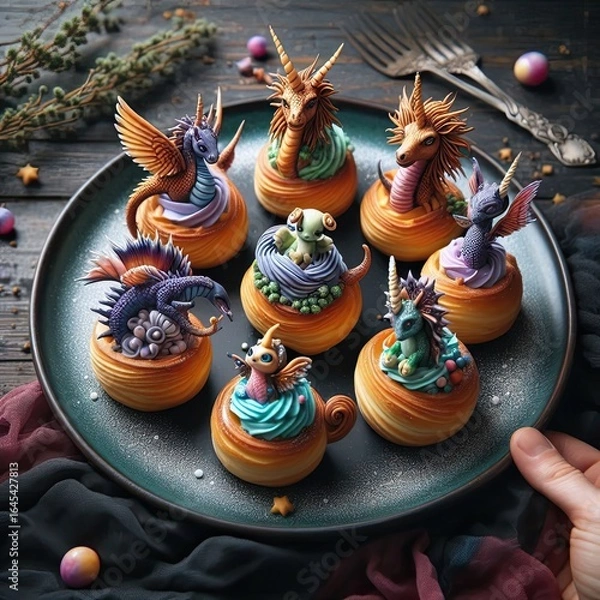 Fototapeta A plate of enchanted pastries that transform into tiny mythical creatures
