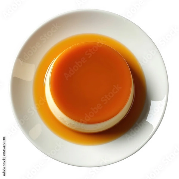 Obraz Overhead view of exquisite creme caramel dessert with caramel sauce on a white plate transparent background