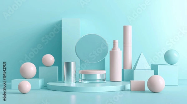 Fototapeta A horizontal cosmetic mockup, centered on a pastel turquoise surface.
