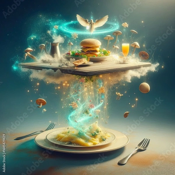 Fototapeta A surreal floating table where food serves itself, infused with fairy dust
