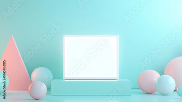 Fototapeta A horizontal cosmetic product mockup featuring a glowing white display screen, centered on a pastel turquoise surface. 