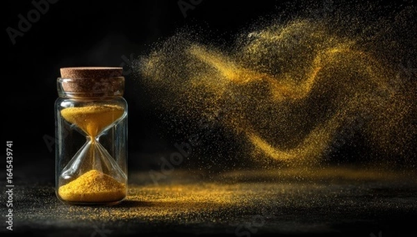Fototapeta A glass hourglass with golden sand, dramatically depicted against a dark background; sand flows out in a dynamic, swirling motion, creating a sense of time's fleeting nature