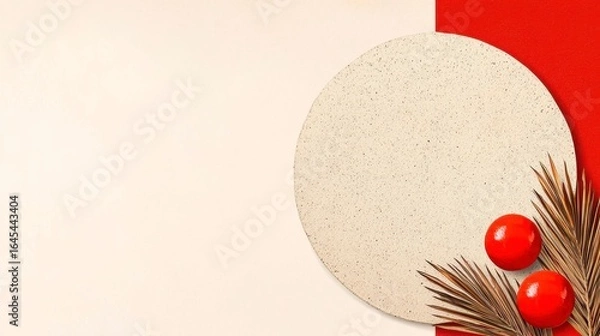 Fototapeta Beige Circle Graphic with Red Ornaments on Off White Background