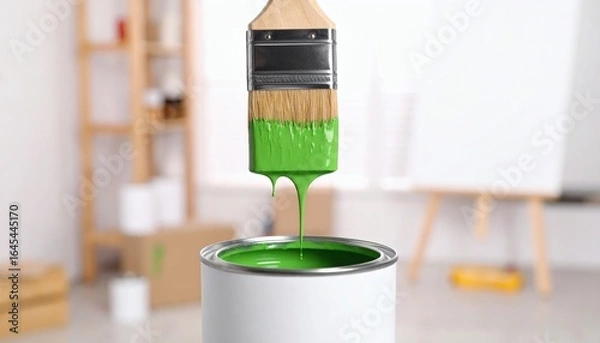 Fototapeta Applying fresh green paint from a tin can with a brush for a DIY home makeover project