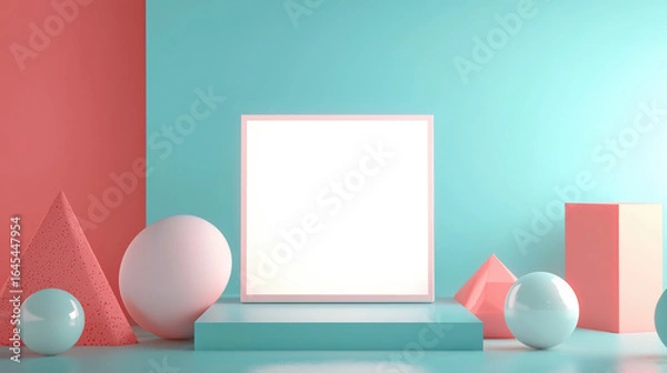 Fototapeta A horizontal makeup product mockup featuring a glowing white display screen, centered on a pastel turquoise surface.